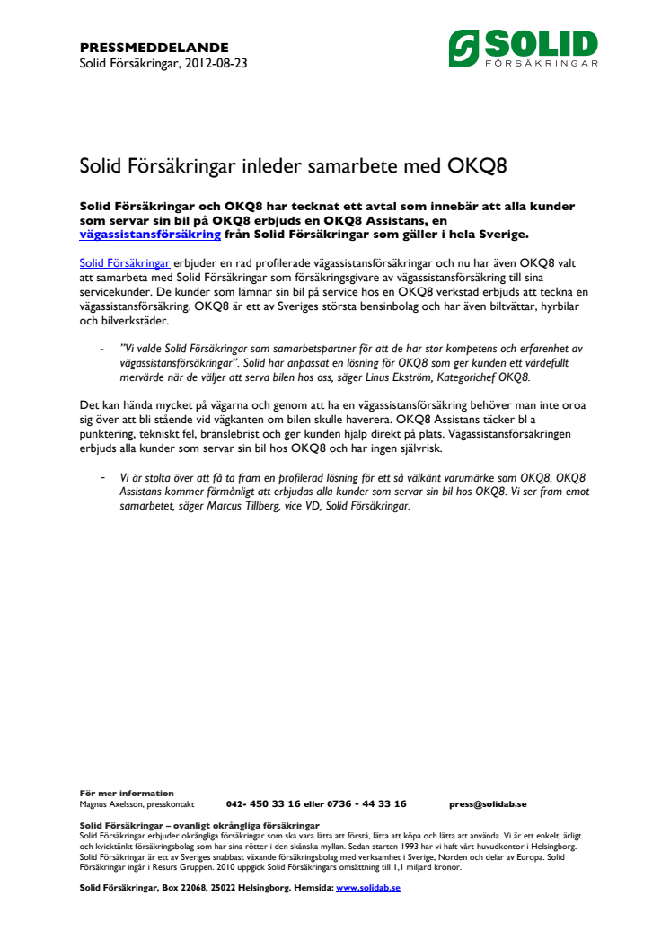 Solid Försäkringar inleder samarbete med OKQ8