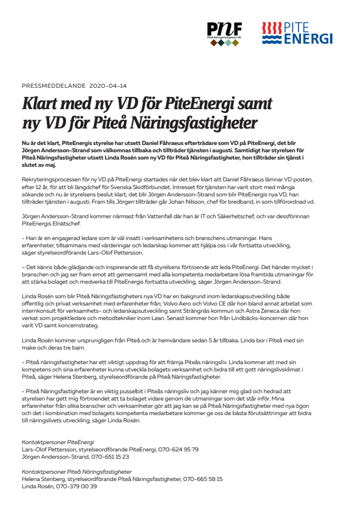 Klart med ny VD för PiteEnergi samt  ny VD för Piteå Näringsfastigheter