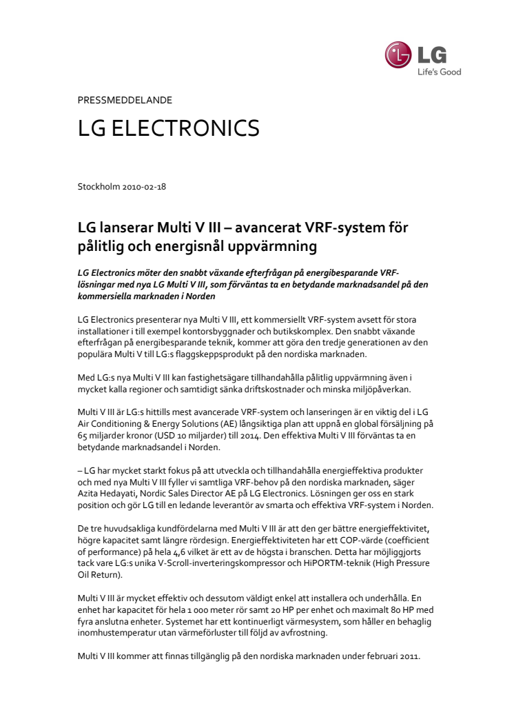 LG lanserar Multi V III – avancerat VRF-system för pålitlig och energisnål uppvärmning 