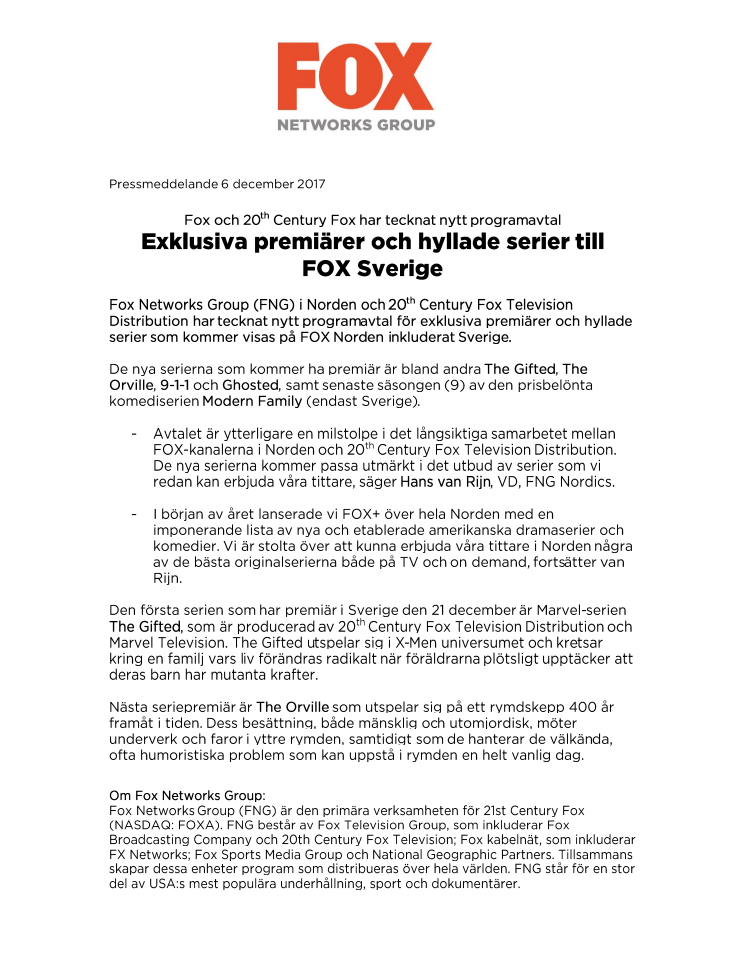 Exklusiva premiärer och hyllade serier till FOX Sverige - Fox och 20th Century Fox har tecknat nytt programavtal  