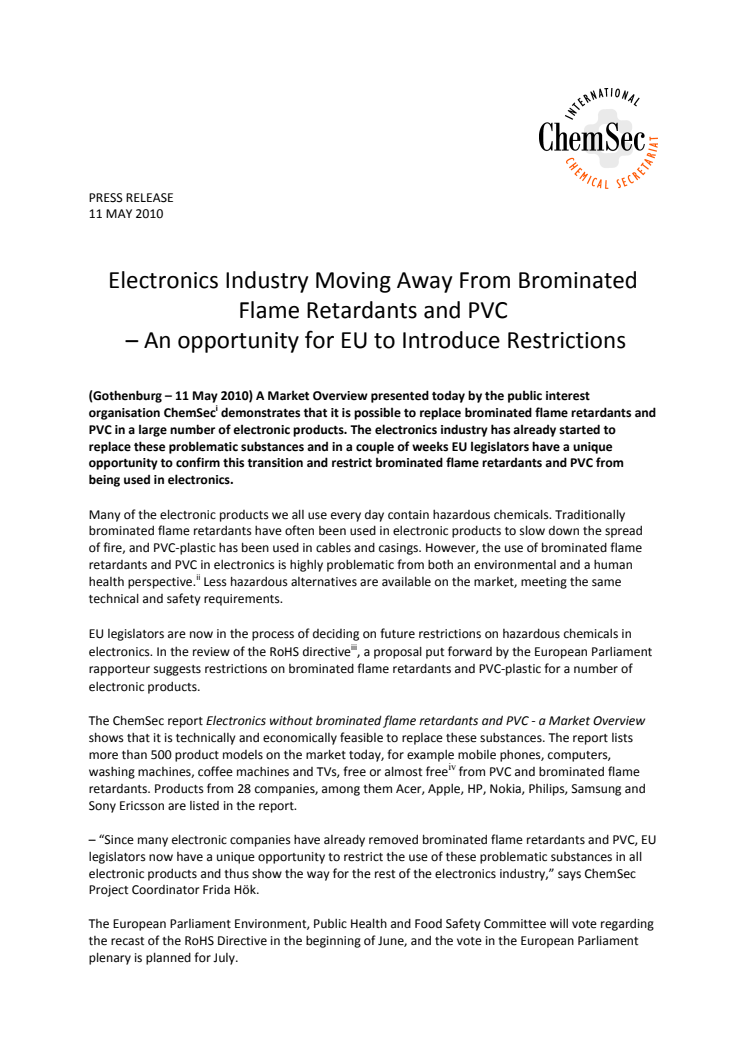 Electronics Industry Moving Away From Brominated Flame Retardants and PVC  – An opportunity for EU to Introduce Restrictions 