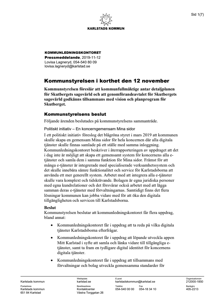 Kommunstyrelsen i korthet den 12 november