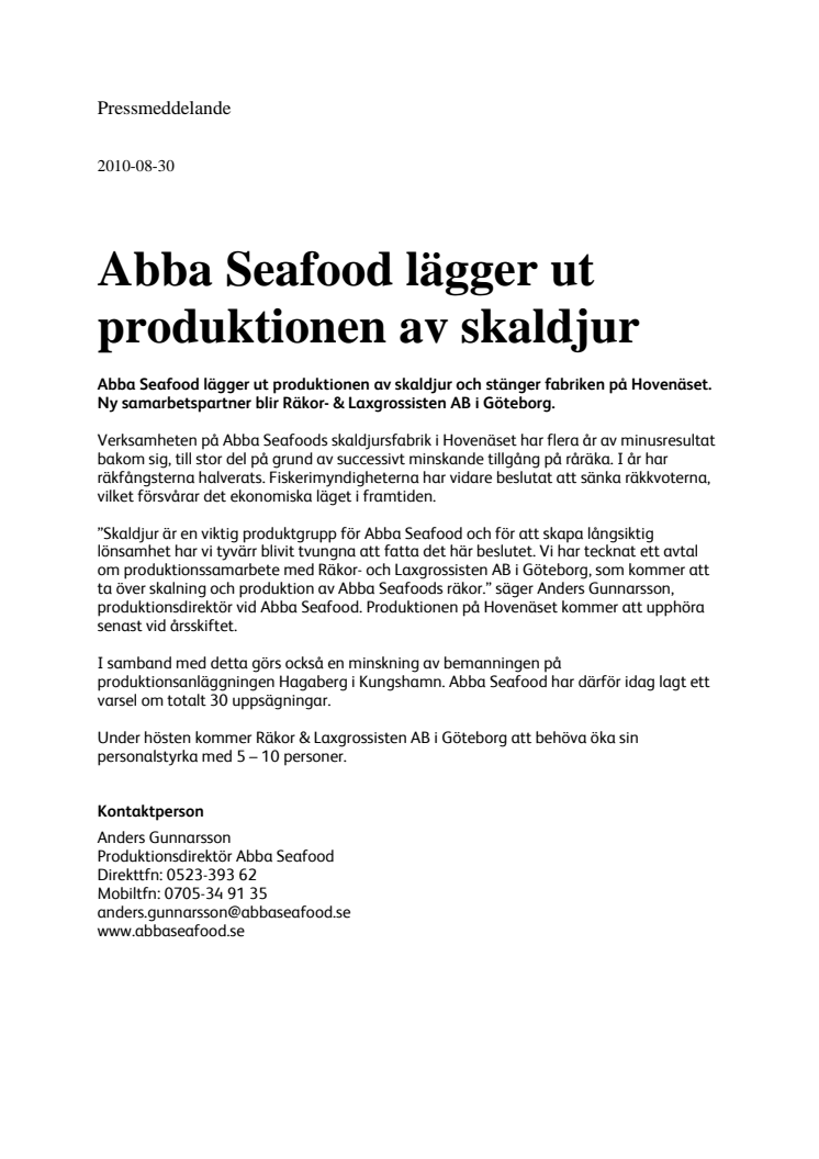 Abba Seafood lägger ut produktionen av skaldjur