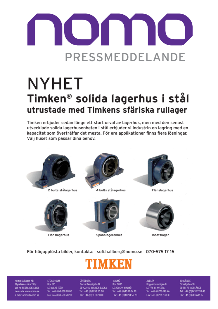 NYHET - Timken® solida lagerhus i stål utrustade med Timkens sfäriska rullager