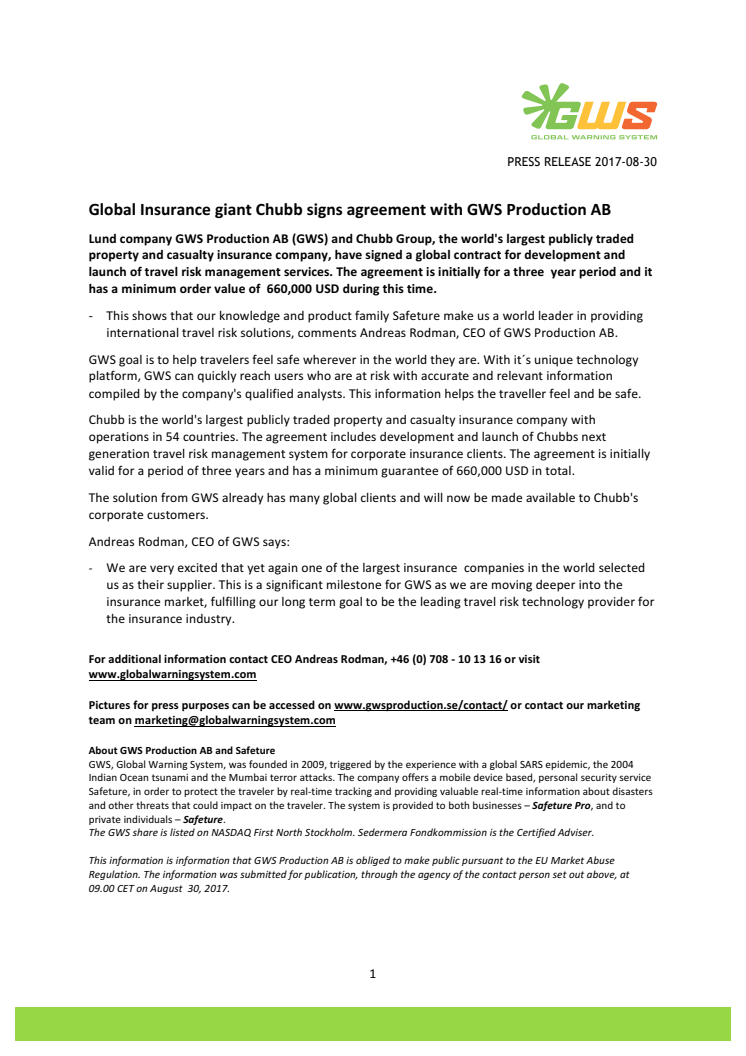 Global Insurance giant Chubb signs agreement with GWS Production AB