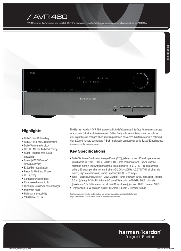 Harman kardon AVR 460 specifikation