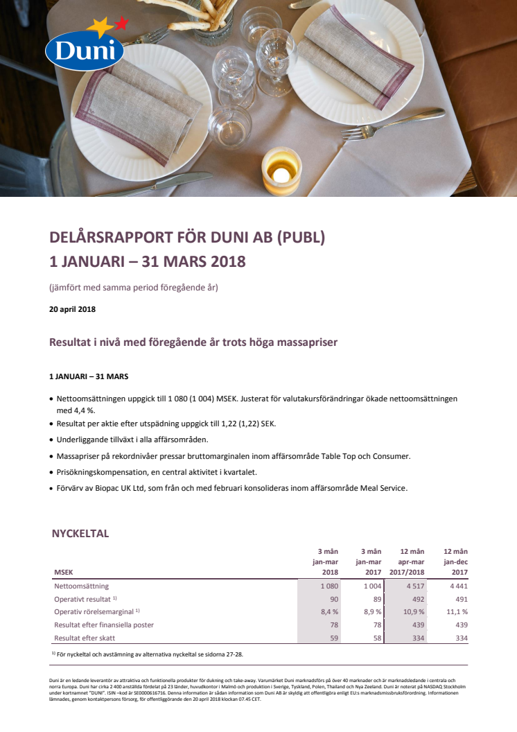 DELÅRSRAPPORT FÖR DUNI AB (PUBL) 1 JANUARI – 31 MARS 2018