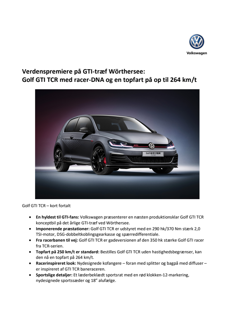 Verdenspremiere på GTI-træf Wörthersee: Golf GTI TCR med racer-DNA og en topfart på op til 264 km/t
