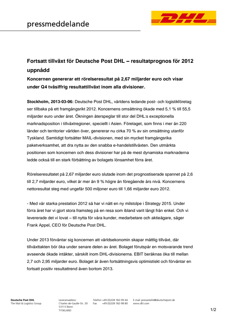 Fortsatt tillväxt för Deutsche Post DHL – resultatprognos för 2012 uppnådd