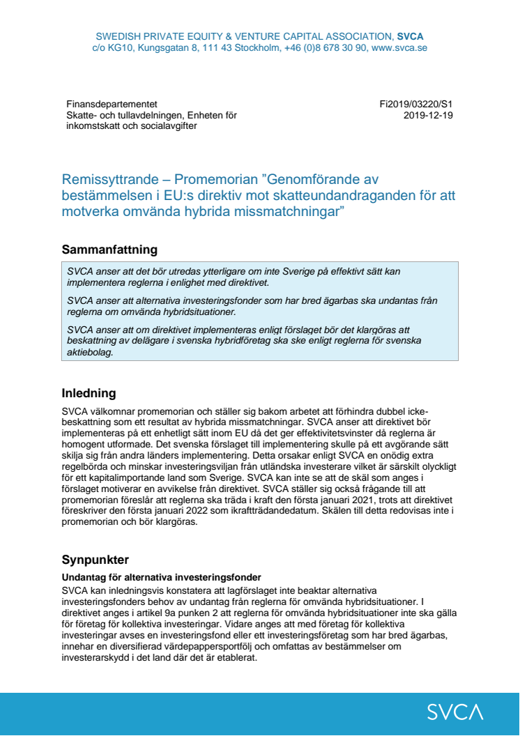Promemorian ”Genomförande av bestämmelsen i EU:s direktiv mot skatteundandraganden för att motverka omvända hybrida missmatchningar”