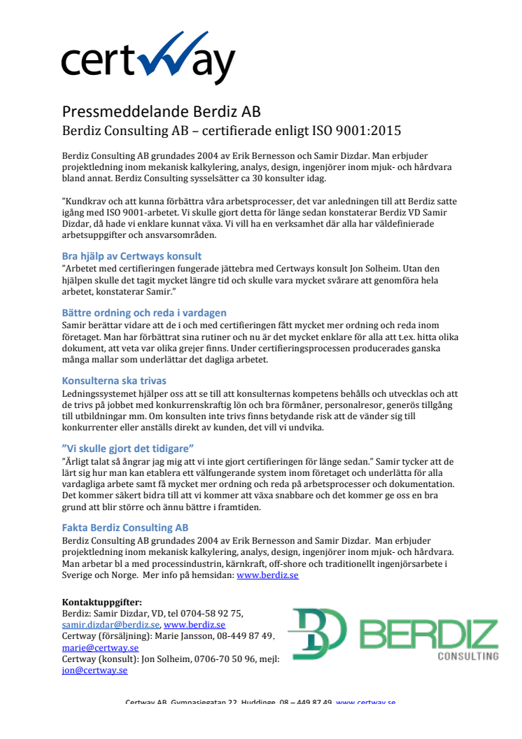 Berdiz Consulting AB – certifierade enligt ISO 9001:2015