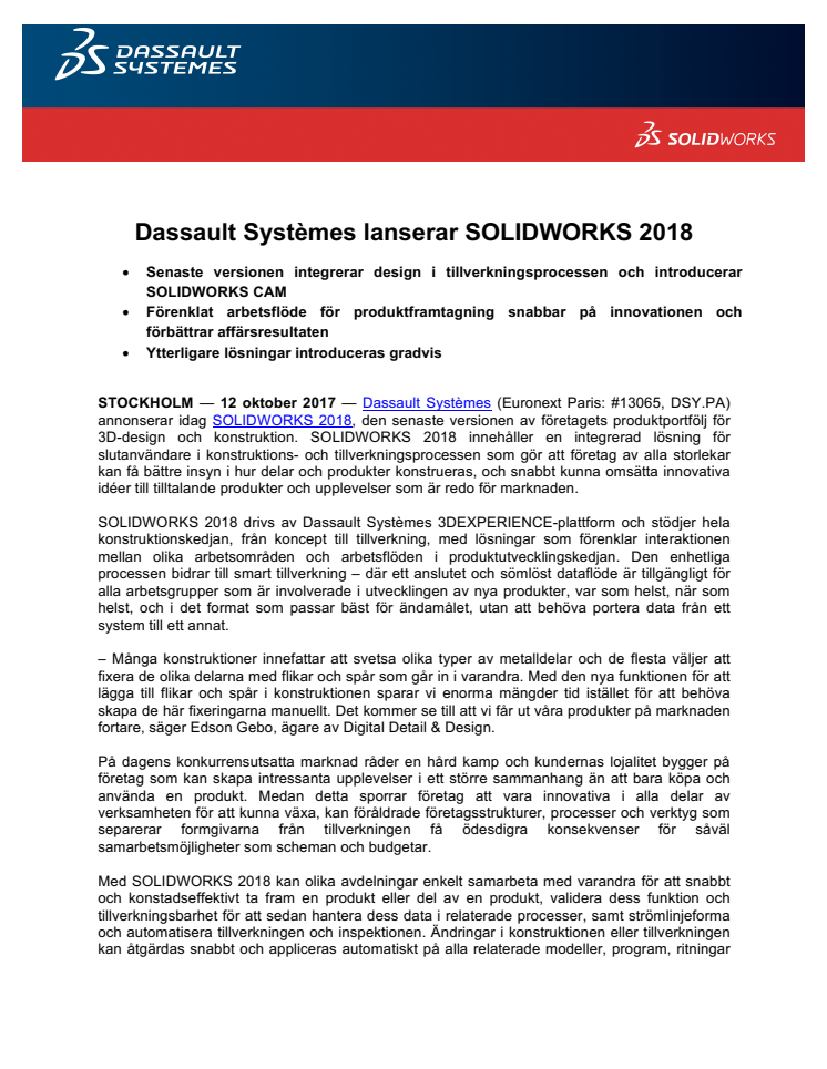 ​Dassault Systèmes lanserar SOLIDWORKS 2018