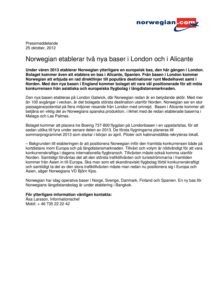 Norwegian etablerar två nya baser i London och i Alicante