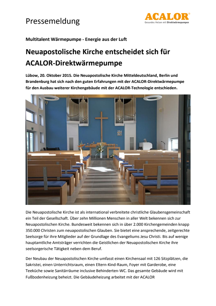 Neuapostolische Kirche entscheidet sich für ACALOR-Direktwärmepumpe