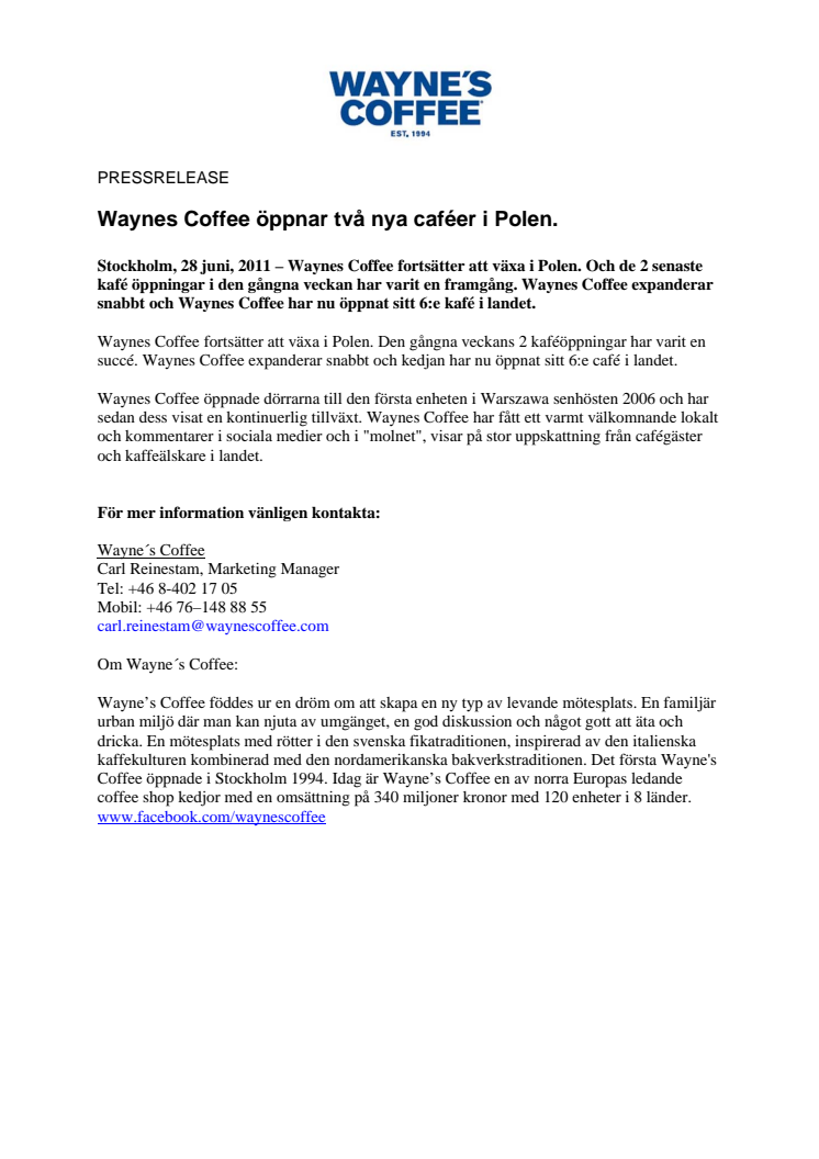 Waynes Coffee öppnar två nya caféer i Polen