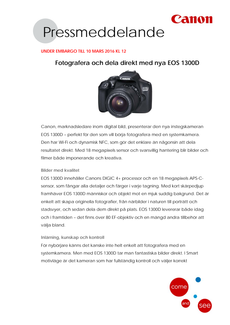 Fotografera och dela direkt med nya EOS 1300D