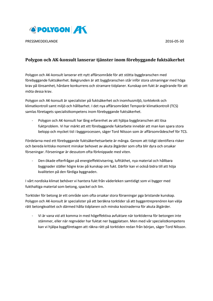 Polygon och AK-konsult lanserar tjänster inom förebyggande fuktsäkerhet