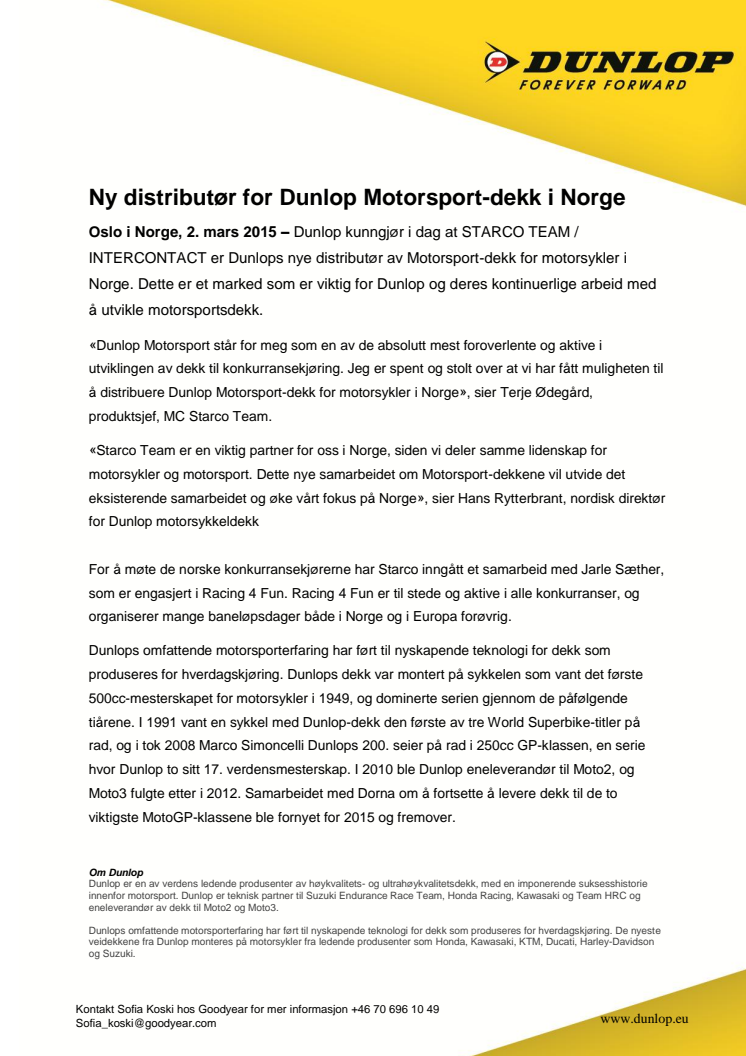 Ny distributør for Dunlop Motorsport-dekk i Norge