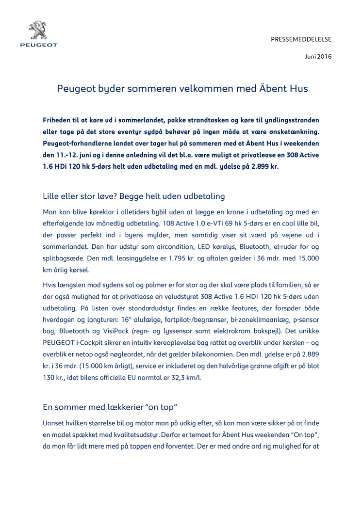 Peugeot byder sommeren velkommen med Åbent Hus