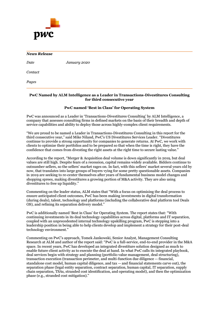 PwC Named by ALM Intelligence as a Leader in Transactions-Divestitures Consulting for third consecutive year