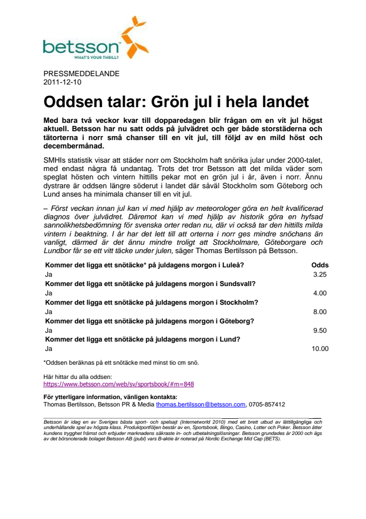 Oddsen talar: Grön jul i hela landet