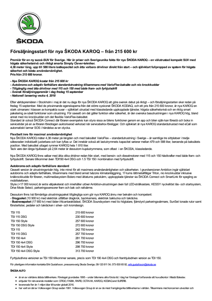 Försäljningsstart för nya ŠKODA KAROQ – från 215 600 kr