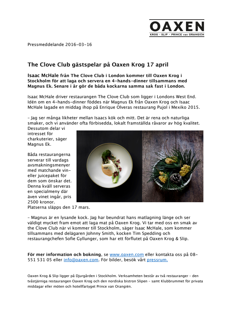 The Clove Club gästspelar på Oaxen Krog 17 april