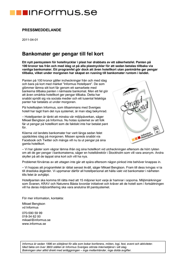 Bankomater ger pengar till fel kort (aprilskämt 2011)