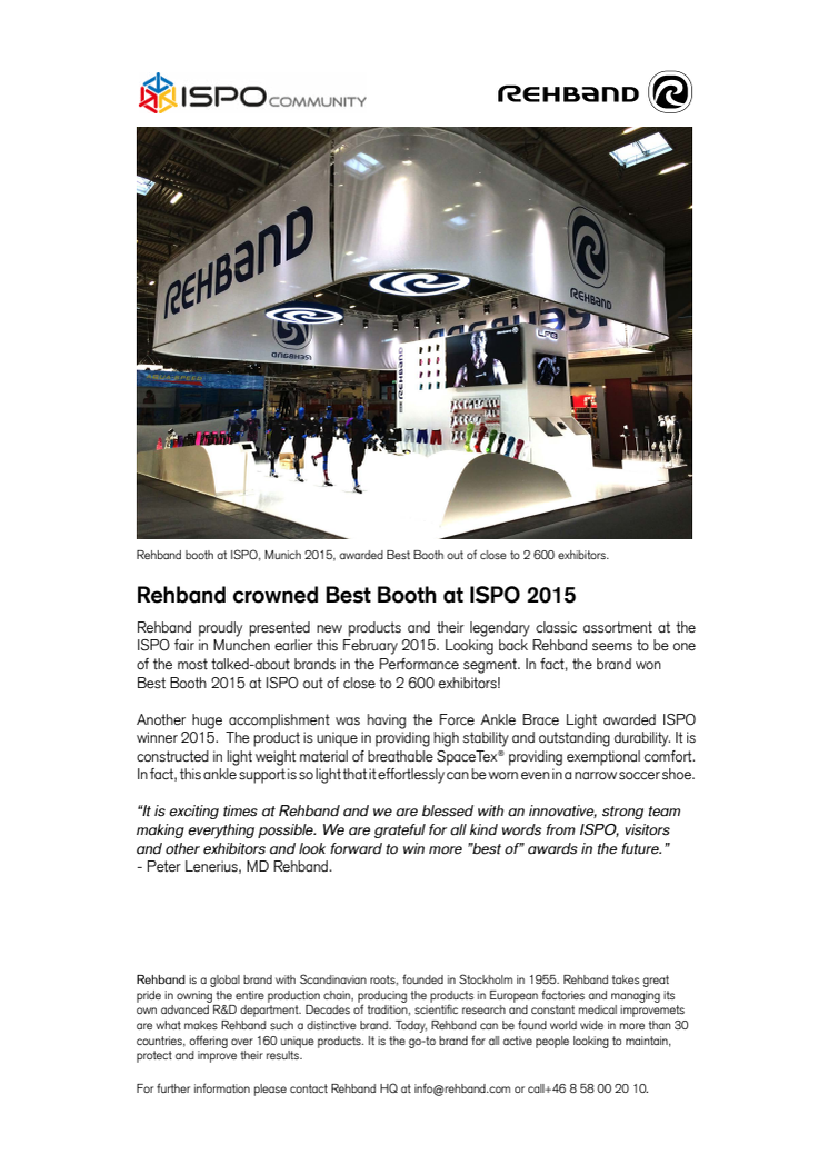 Rehband awarded Best Booth at ISPO