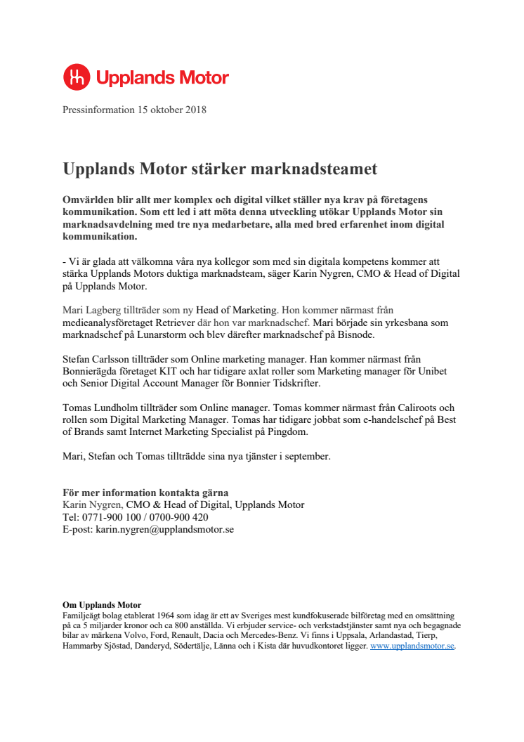Upplands Motor stärker marknadsteamet