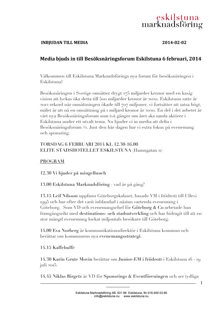 Media bjuds in till Besöksnäringsforum Eskilstuna