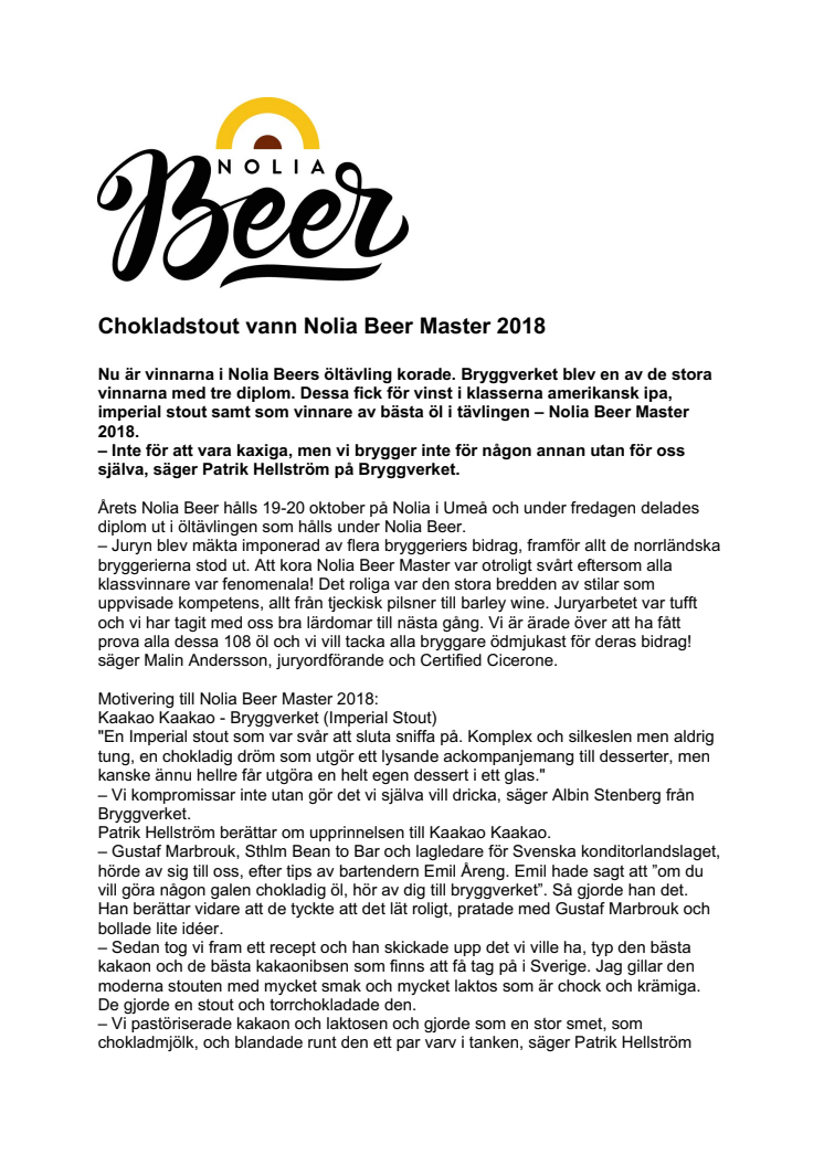 Chokladstout vann Nolia Beer Master 2018