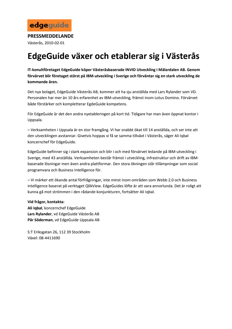 EdgeGuide växer och etablerar sig i Västerås