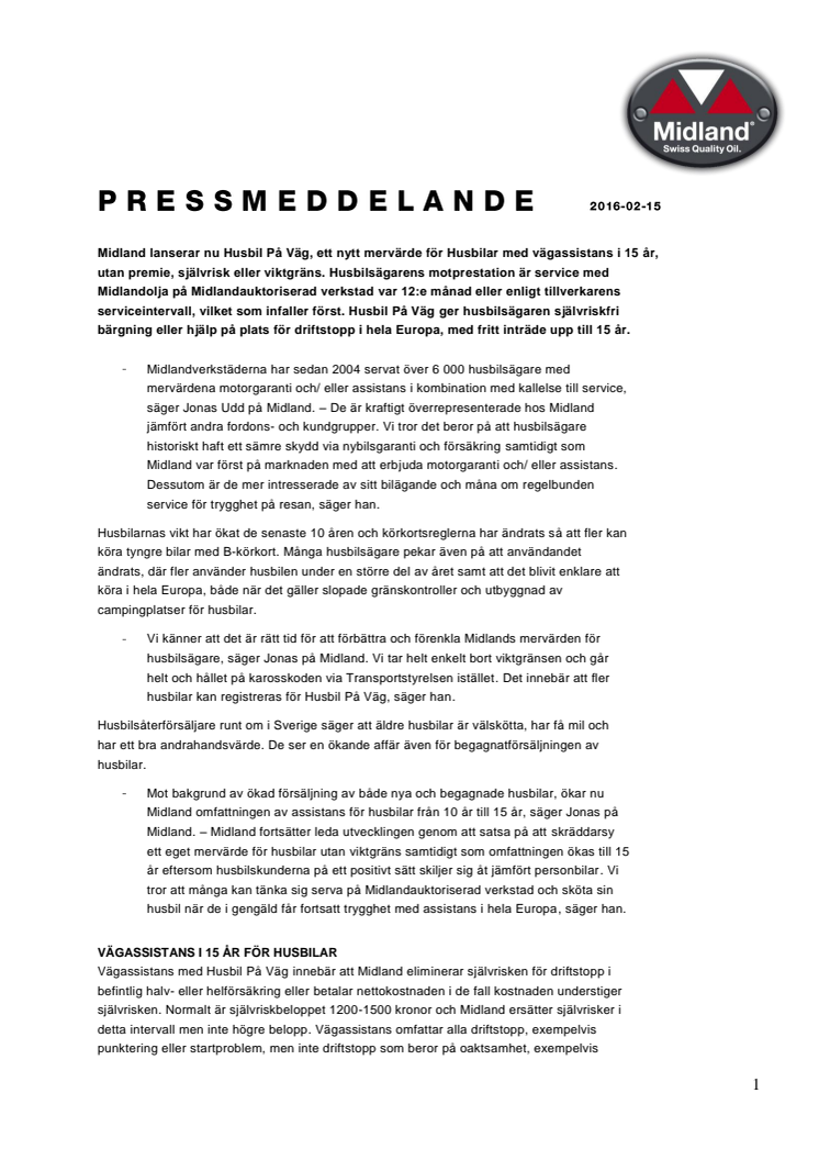 Pressmeddelande Midland Husbil På Väg