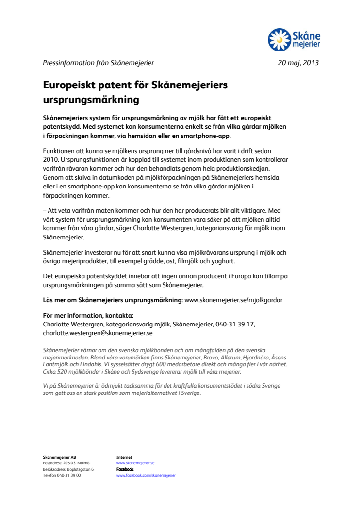 Europeiskt patent för Skånemejeriers ursprungsmärkning