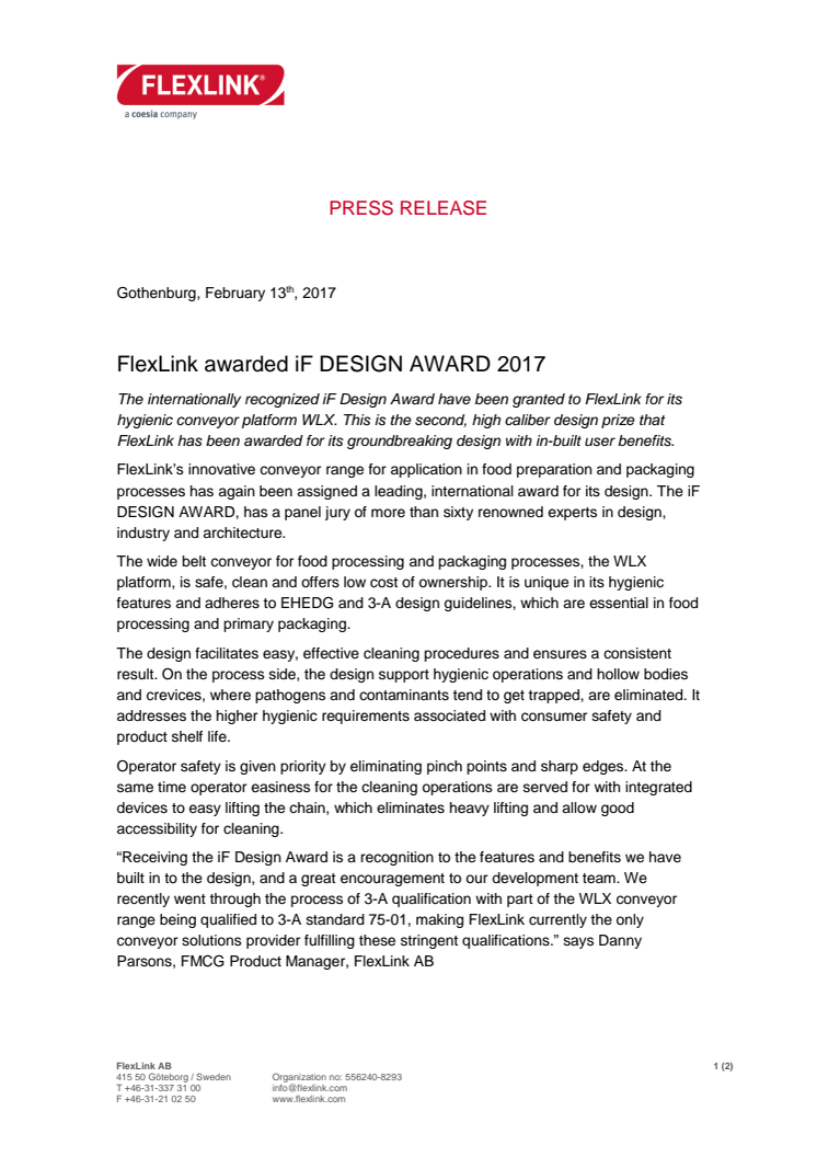 FlexLink awarded iF DESIGN AWARD 2017 