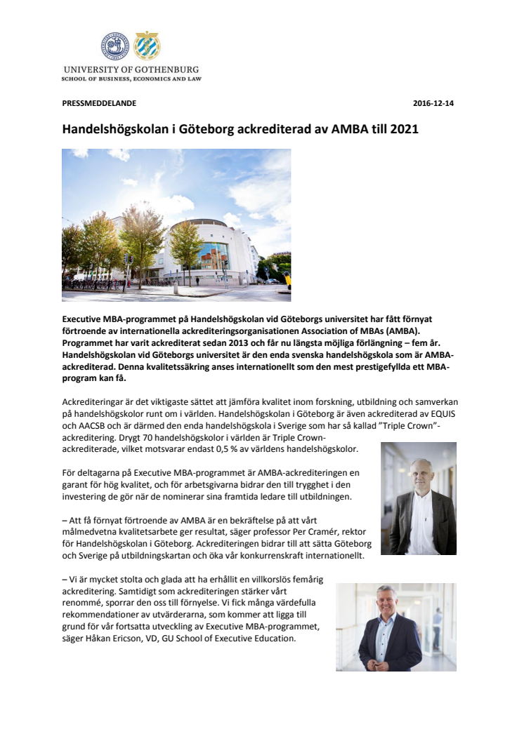 Handelshögskolan i Göteborg ackrediterad av AMBA till 2021
