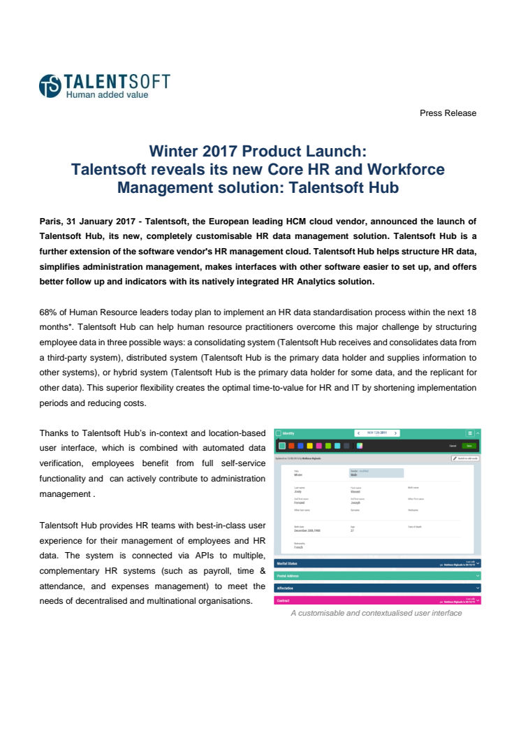 Winter 2017 Product Launch:  Talentsoft reveals its new Core HR and Workforce Management solution: Talentsoft Hub 