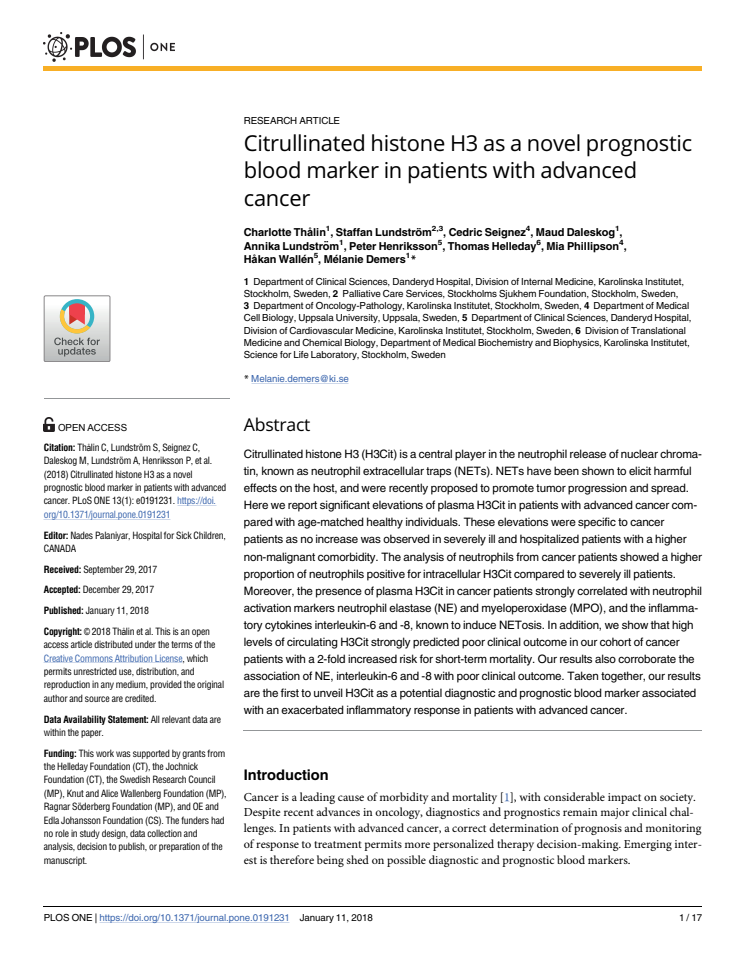 ”Citrullinated histone H3 as a novel prognostic blood marker in patients with advanced cancer.” 
