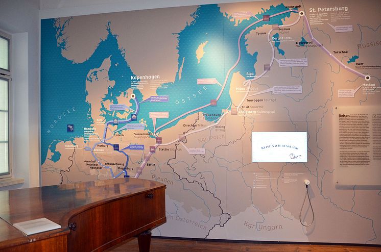 Ausstellungsraum mit visualisierter Reiseroute der Schumanns