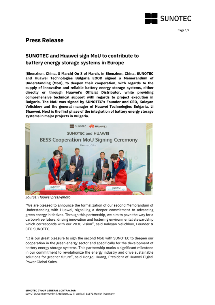 SUNOTEC and Huawei sign MoU to contribute to battery energy storage systems in Europe