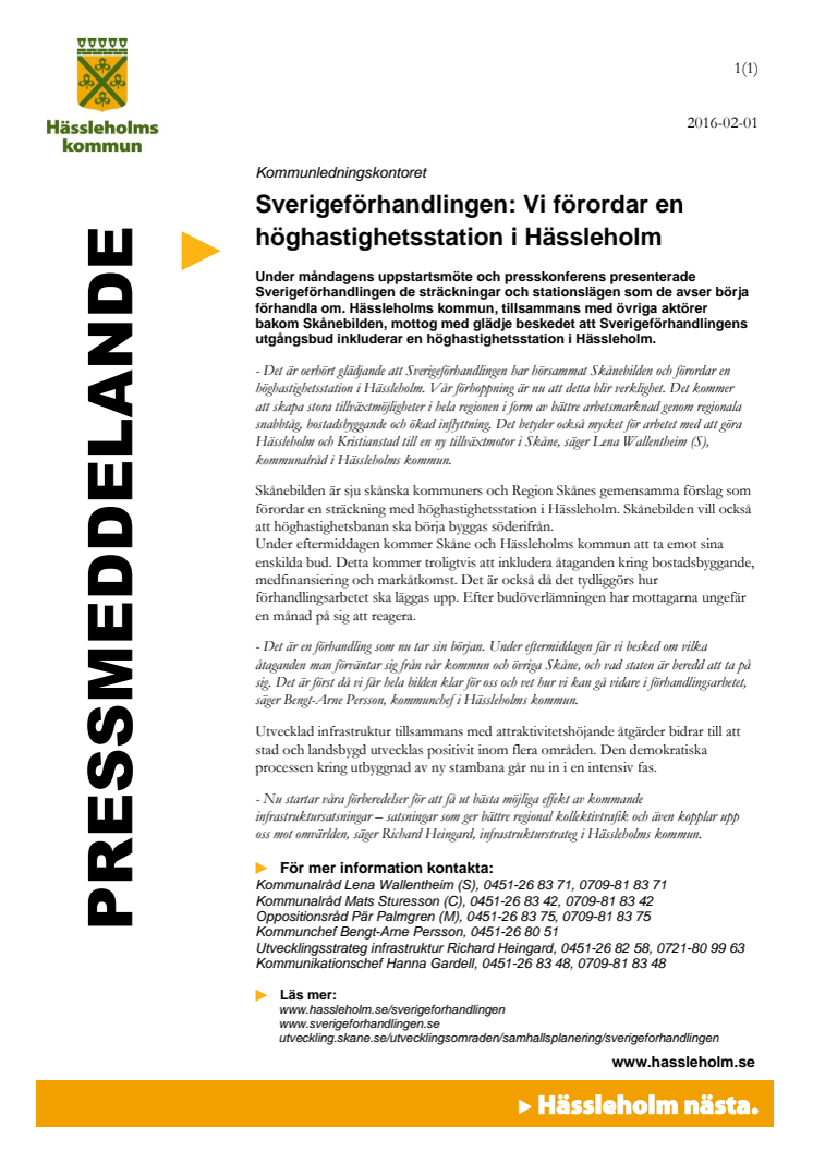 Sverigeförhandlingen förordar en höghastighetsstation i Hässleholm