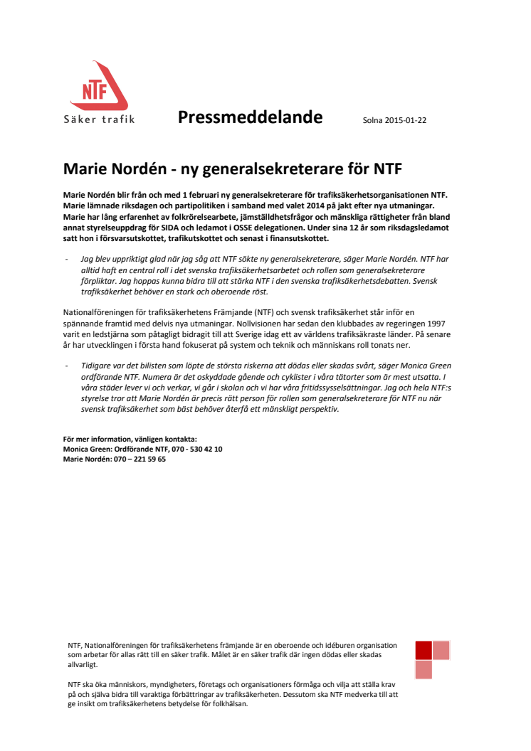 Marie Nordén - ny generalsekreterare för NTF