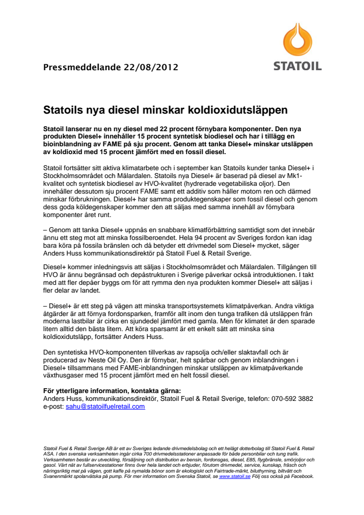 Statoils nya diesel minskar koldioxidutsläppen