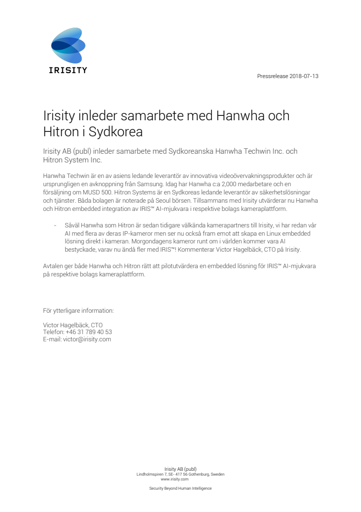 Irisity inleder samarbete med Hanwha och Hitron i Sydkorea