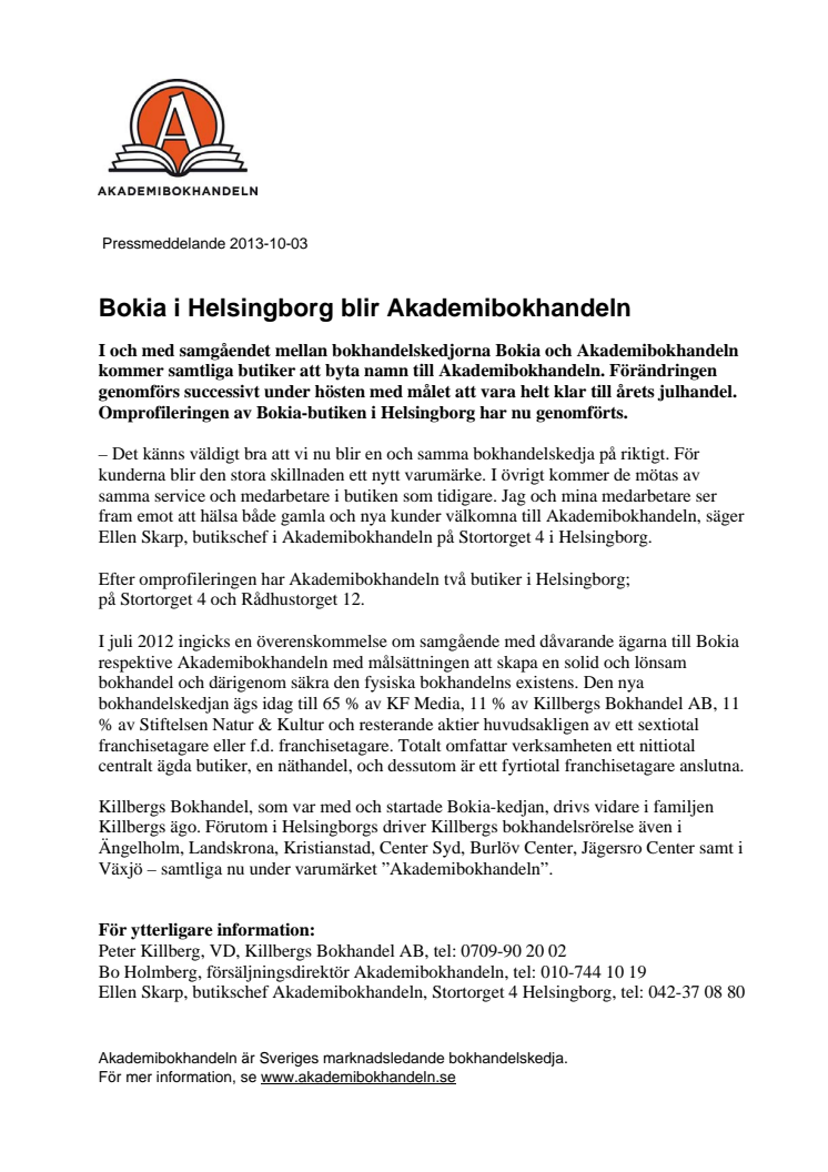 Bokia i Helsingborg blir Akademibokhandeln 