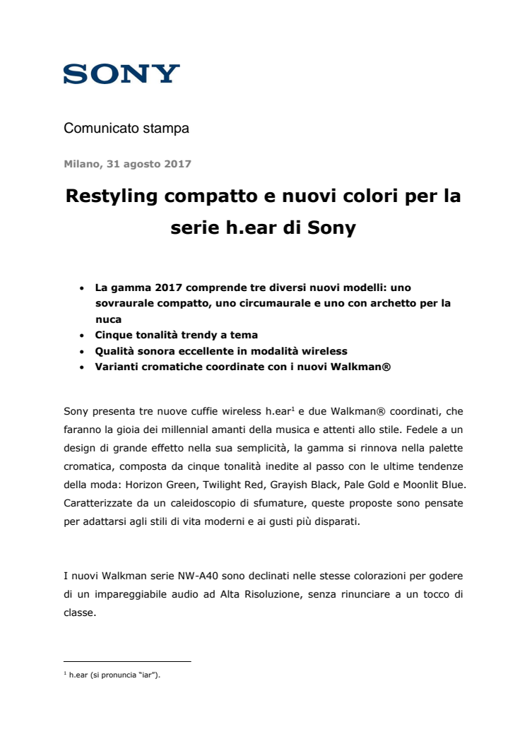 Restyling compatto e nuovi colori per la serie h.ear di Sony