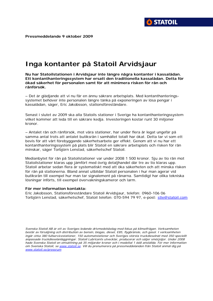 Inga kontanter på Statoil Arvidsjaur