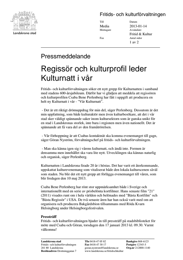 Regissör och kulturprofil leder Kulturnatt i vår
