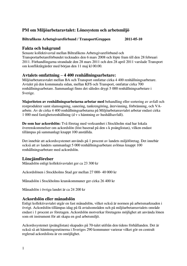 PM om Miljöarbetaravtalet – Lönesystem och arbetsmiljö
